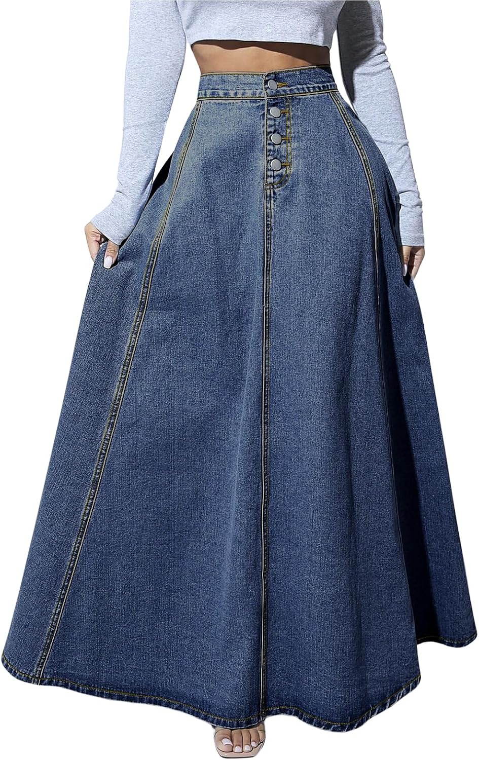 Chouyatou Women's Retro High Waisted Button Fly Flared Long Jean Skirts Pleated Flowy Swing A-line Denim Maxi Skirts