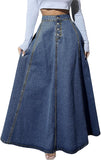 Chouyatou Women's Retro High Waisted Button Fly Flared Long Jean Skirts Pleated Flowy Swing A-line Denim Maxi Skirts