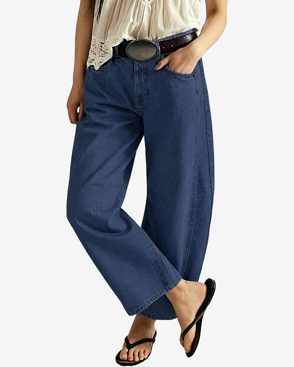 Chouyatou Women Casual Wide Leg Mid Rise Jeans Baggy Barrel Jeans Denim Pull On Pants Sweatpants Y2k Boyfriend Boho Ankle Pant