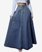 Chouyatou Women's Retro High Waisted Button Fly Flared Long Jean Skirts Pleated Flowy Swing A-line Denim Maxi Skirts