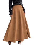 CHOUYATOU Women's Elegant Ruffle Faux Suede Leather Skirt High Waisted A Line Fall Winter Maxi Long Skirt