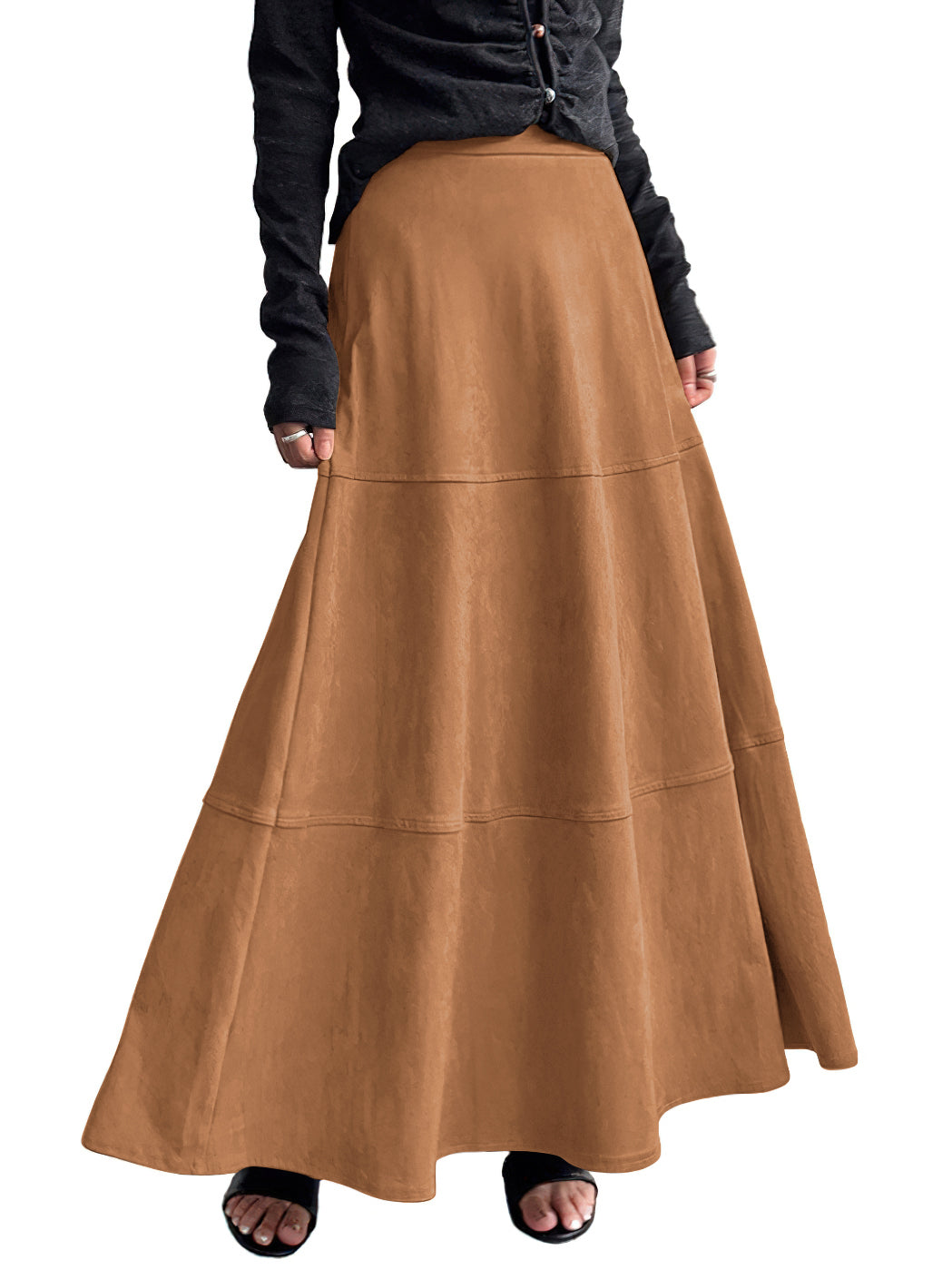 CHOUYATOU Women's Elegant Ruffle Faux Suede Leather Skirt High Waisted A Line Fall Winter Maxi Long Skirt