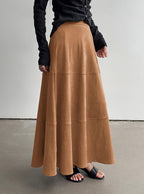 CHOUYATOU Women's Elegant Ruffle Faux Suede Leather Skirt High Waisted A Line Fall Winter Maxi Long Skirt