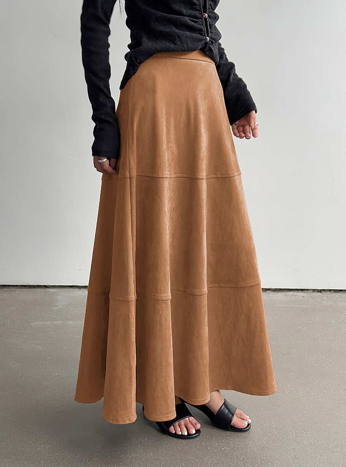 CHOUYATOU Women's Elegant Ruffle Faux Suede Leather Skirt High Waisted A Line Fall Winter Maxi Long Skirt