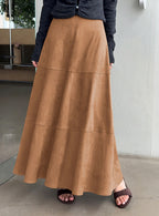CHOUYATOU Women's Elegant Ruffle Faux Suede Leather Skirt High Waisted A Line Fall Winter Maxi Long Skirt