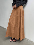 CHOUYATOU Women's Elegant Ruffle Faux Suede Leather Skirt High Waisted A Line Fall Winter Maxi Long Skirt