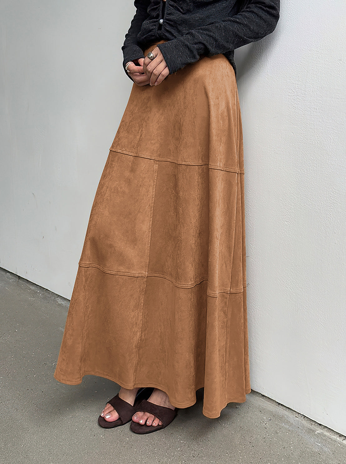 CHOUYATOU Women's Elegant Ruffle Faux Suede Leather Skirt High Waisted A Line Fall Winter Maxi Long Skirt