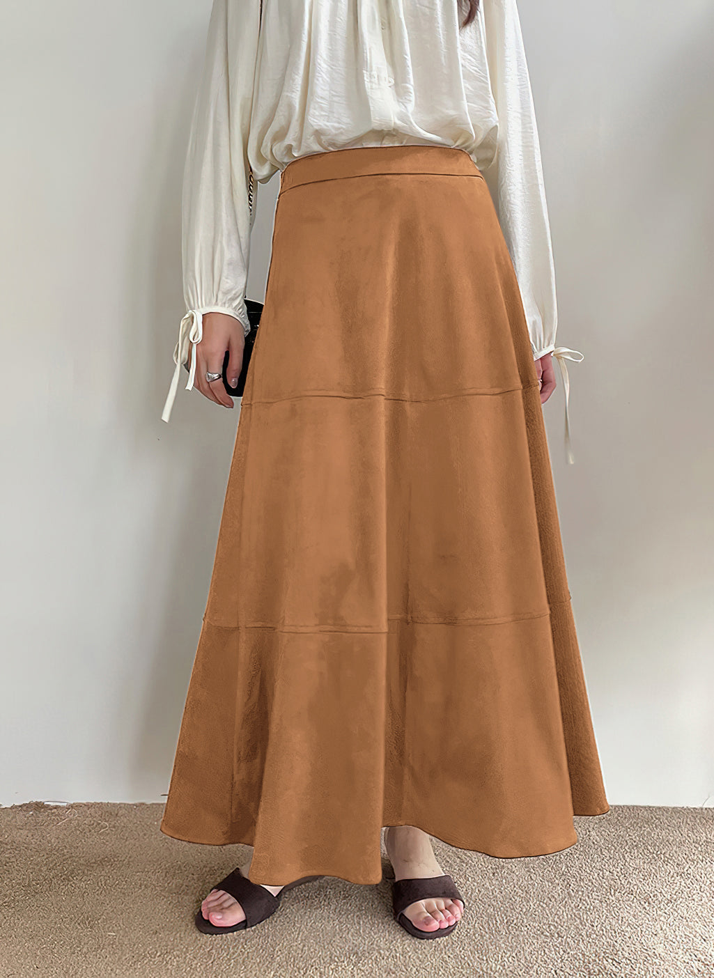 CHOUYATOU Women's Elegant Ruffle Faux Suede Leather Skirt High Waisted A Line Fall Winter Maxi Long Skirt