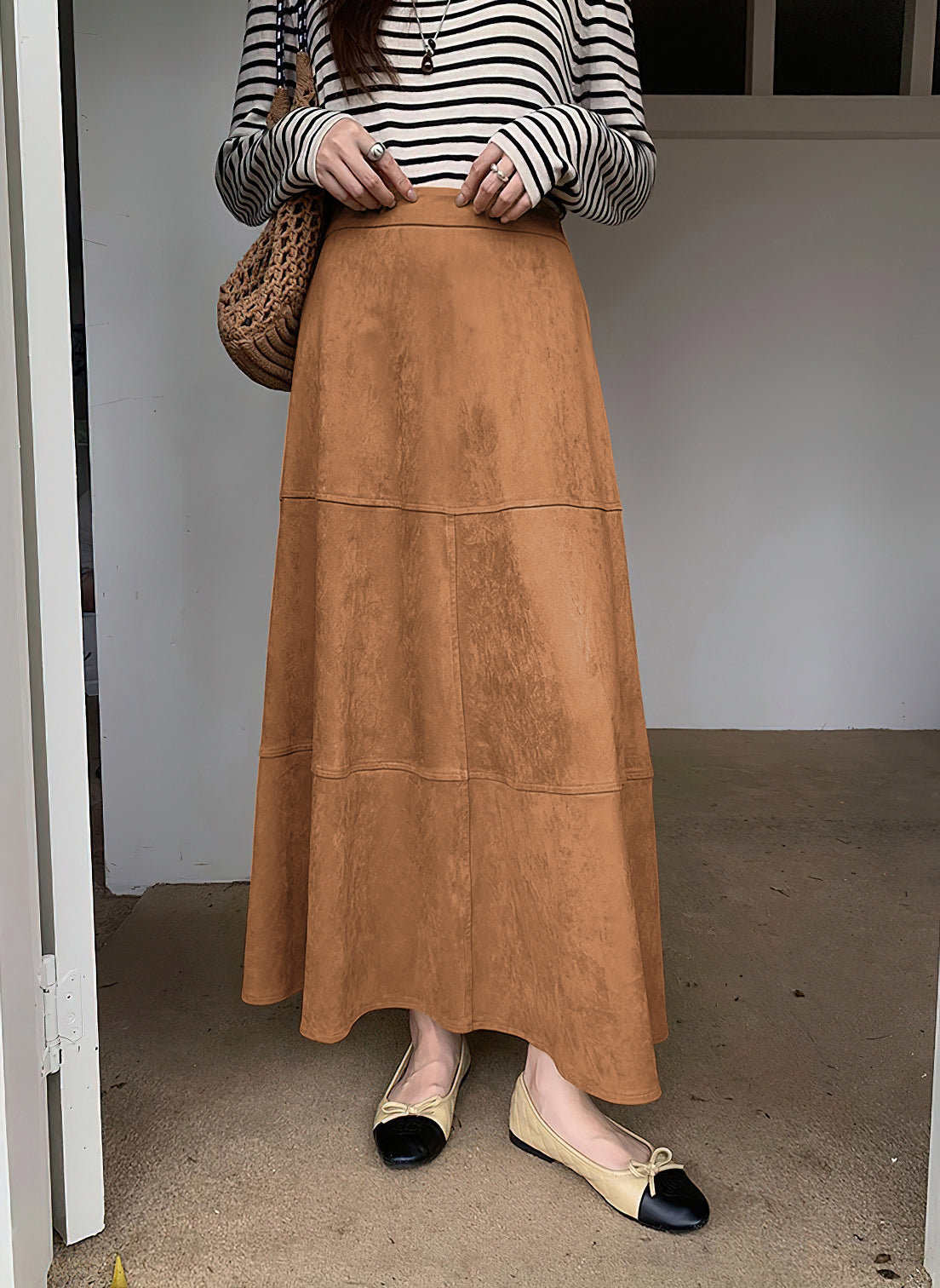 CHOUYATOU Women's Elegant Ruffle Faux Suede Leather Skirt High Waisted A Line Fall Winter Maxi Long Skirt