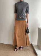 CHOUYATOU Women's Elegant Ruffle Faux Suede Leather Skirt High Waisted A Line Fall Winter Maxi Long Skirt