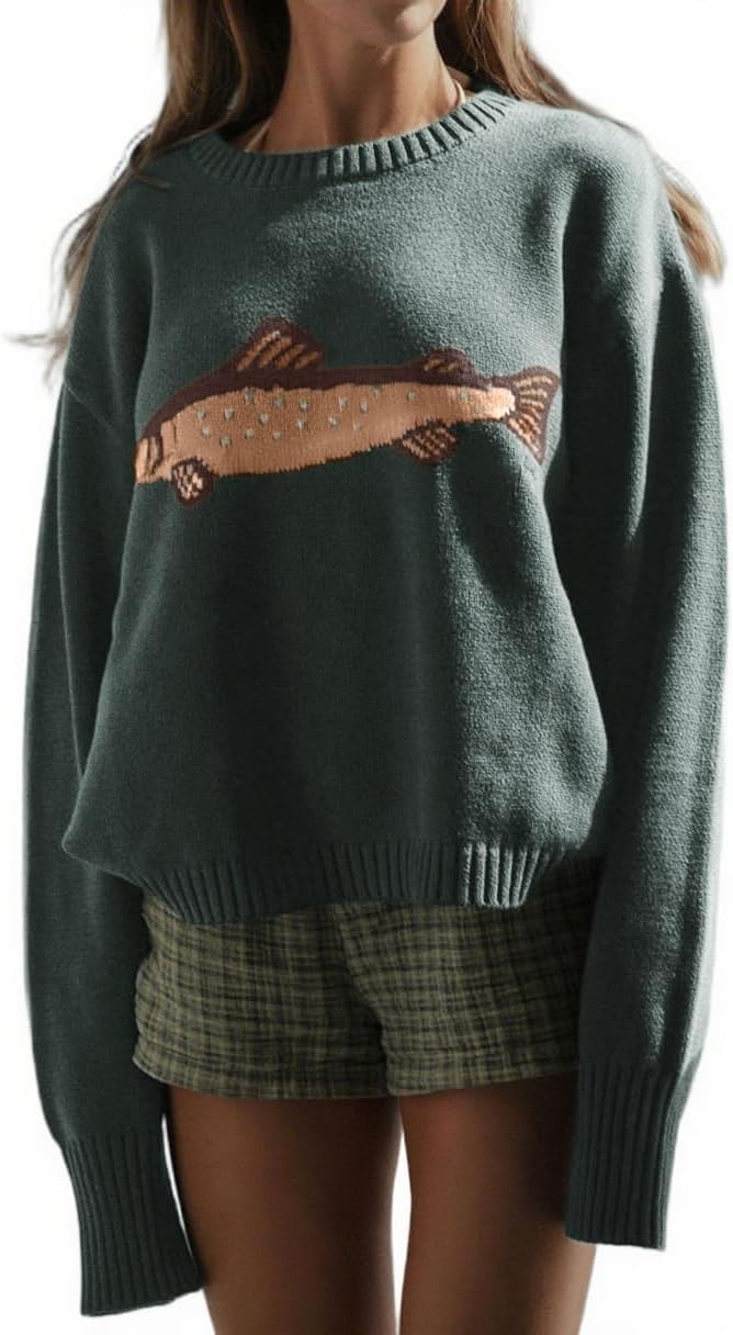Chouyatou Women Fashion Crew Neck Rib Knit Crucian Carp Graphic Oversized Y2k Pullover Sweater Jumper