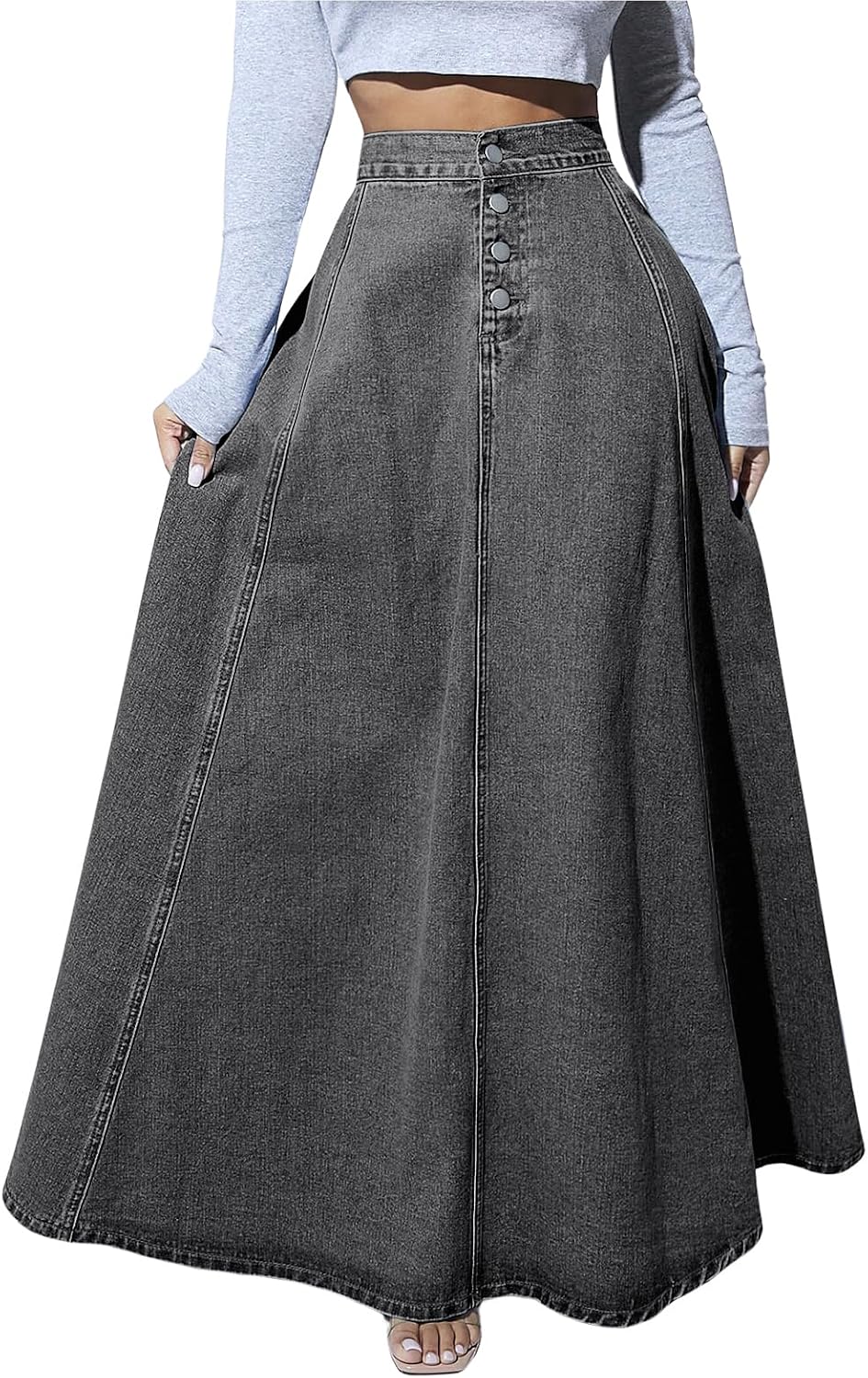 Chouyatou Women's Retro High Waisted Button Fly Flared Long Jean Skirts Pleated Flowy Swing A-line Denim Maxi Skirts