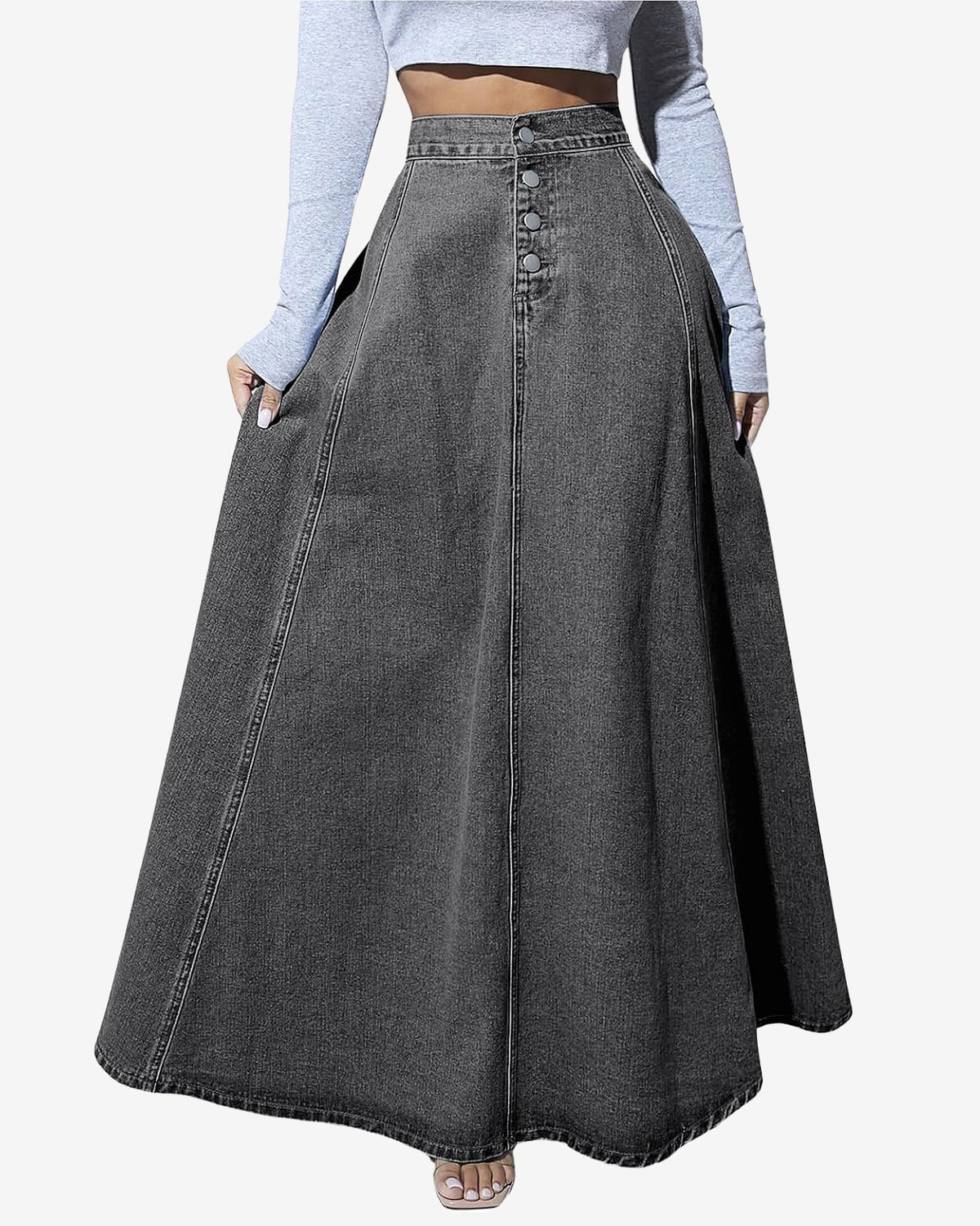 Chouyatou Women's Retro High Waisted Button Fly Flared Long Jean Skirts Pleated Flowy Swing A-line Denim Maxi Skirts