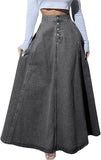 Chouyatou Women's Retro High Waisted Button Fly Flared Long Jean Skirts Pleated Flowy Swing A-line Denim Maxi Skirts