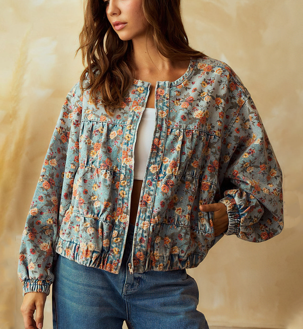 Chouyatou Women Spring Fall Oversized Jean Jacket Trendy Lightweight Y2K Floral Denim Bomber Jacket Coat