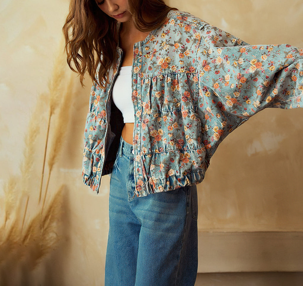 Chouyatou Women Spring Fall Oversized Jean Jacket Trendy Lightweight Y2K Floral Denim Bomber Jacket Coat