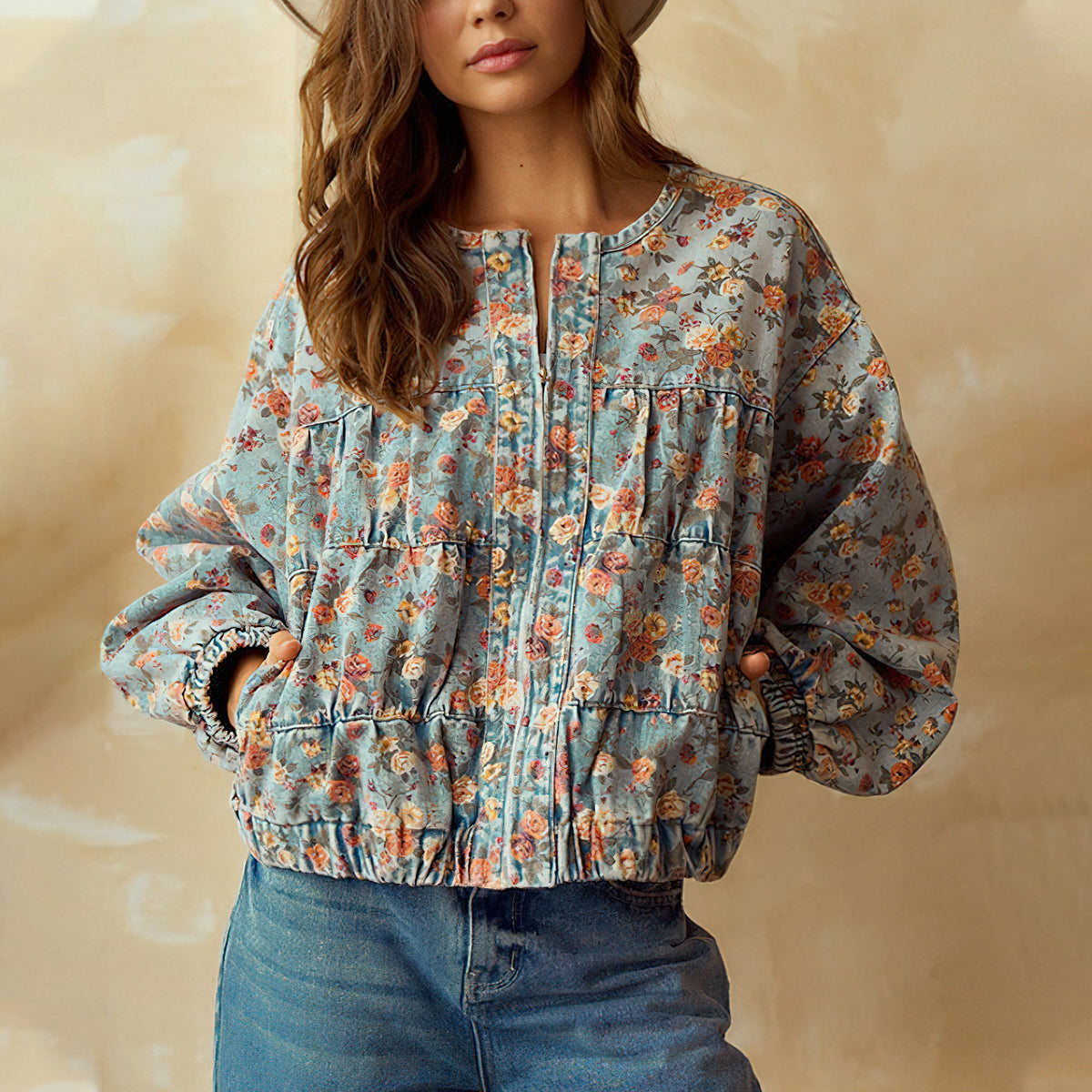 Chouyatou Women Spring Fall Oversized Jean Jacket Trendy Lightweight Y2K Floral Denim Bomber Jacket Coat
