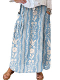 chouyatou Women's Vertical Striped High Waist Maxi Skirt Vintage Floral Cotton Long Skirt with Pockets