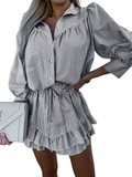 CHOUYATOU Women's 2 Piece Outfits Striped Button Down Shirt Ruffled Pleated Mini Skirt Matching Set