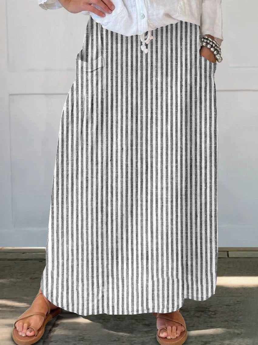 Chouyatou Women's Vertical Striped High Waist Maxi Skirt Vintage Floral Cotton Long Skirt with Pockets