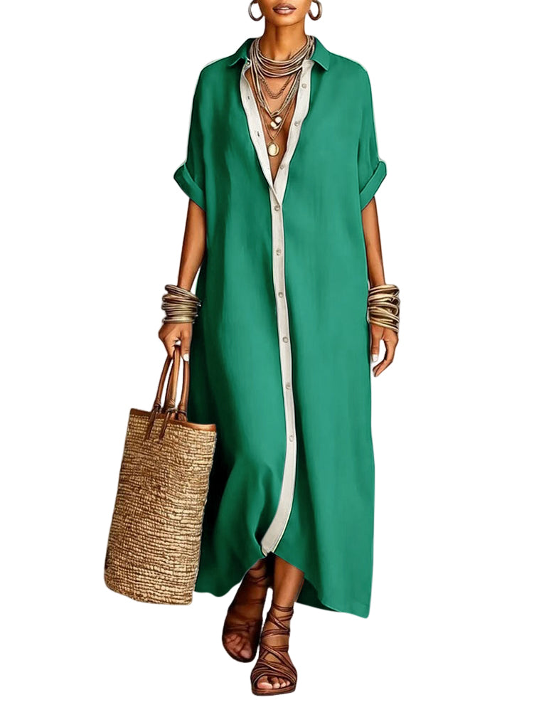 Chouyatou Women's Contrast Color Button Down Shirt Dress Short Sleeve Cotton Linen Casual Loose Beach Long Maxi Dress