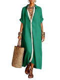 CHOUYATOU Women's Contrast Color Button Down Shirt Dress Short Sleeve Cotton Linen Casual Loose Beach Long Maxi Dress