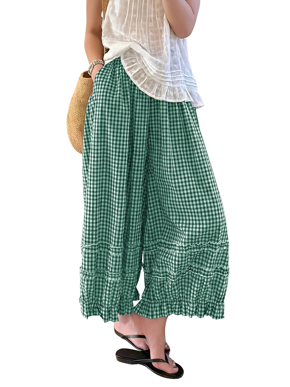 Chouyatou Women Summer Ruffle Hem Crop Cotton Linen Pants Beach Plaid Gingham Wide Leg Pants Palazzos