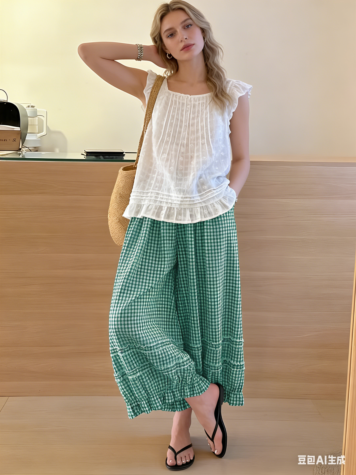 Chouyatou Women Summer Ruffle Hem Crop Cotton Linen Pants Beach Plaid Gingham Wide Leg Pants Palazzos