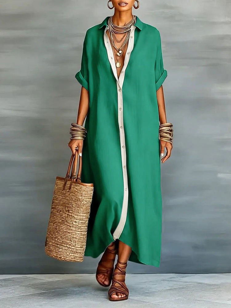 Chouyatou Women's Contrast Color Button Down Shirt Dress Short Sleeve Cotton Linen Casual Loose Beach Long Maxi Dress