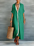 CHOUYATOU Women's Contrast Color Button Down Shirt Dress Short Sleeve Cotton Linen Casual Loose Beach Long Maxi Dress