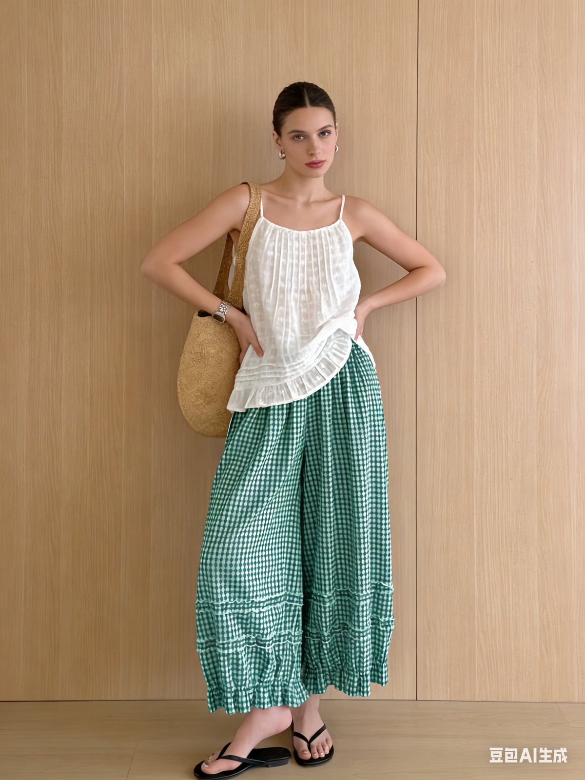 Chouyatou Women Summer Ruffle Hem Crop Cotton Linen Pants Beach Plaid Gingham Wide Leg Pants Palazzos