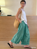 CHOUYATOU Women 2026 Summer Ruffle Hem Crop Cotton Linen Pants Beach Plaid Gingham Wide Leg Pants Palazzos