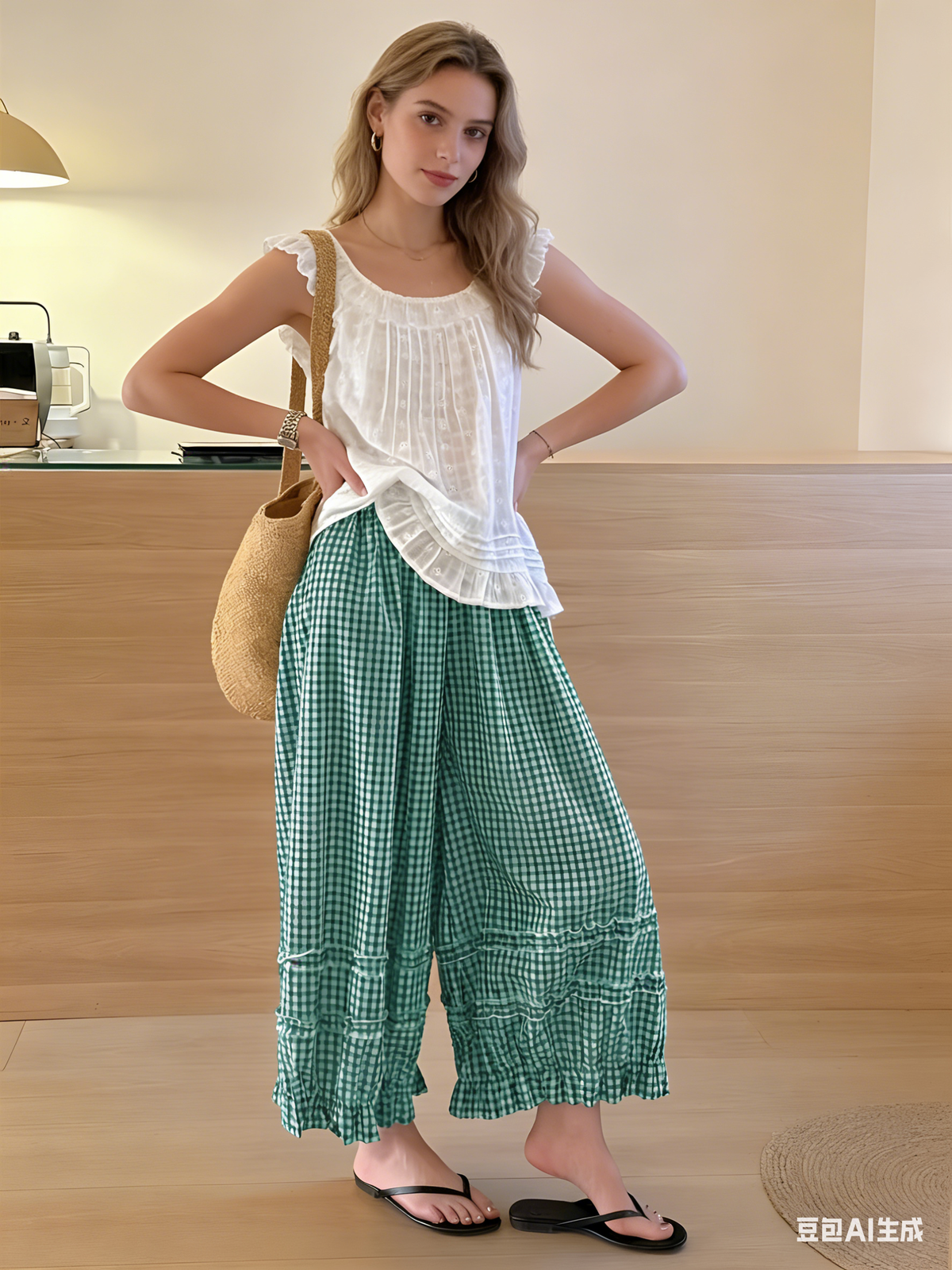 Chouyatou Women Summer Ruffle Hem Crop Cotton Linen Pants Beach Plaid Gingham Wide Leg Pants Palazzos