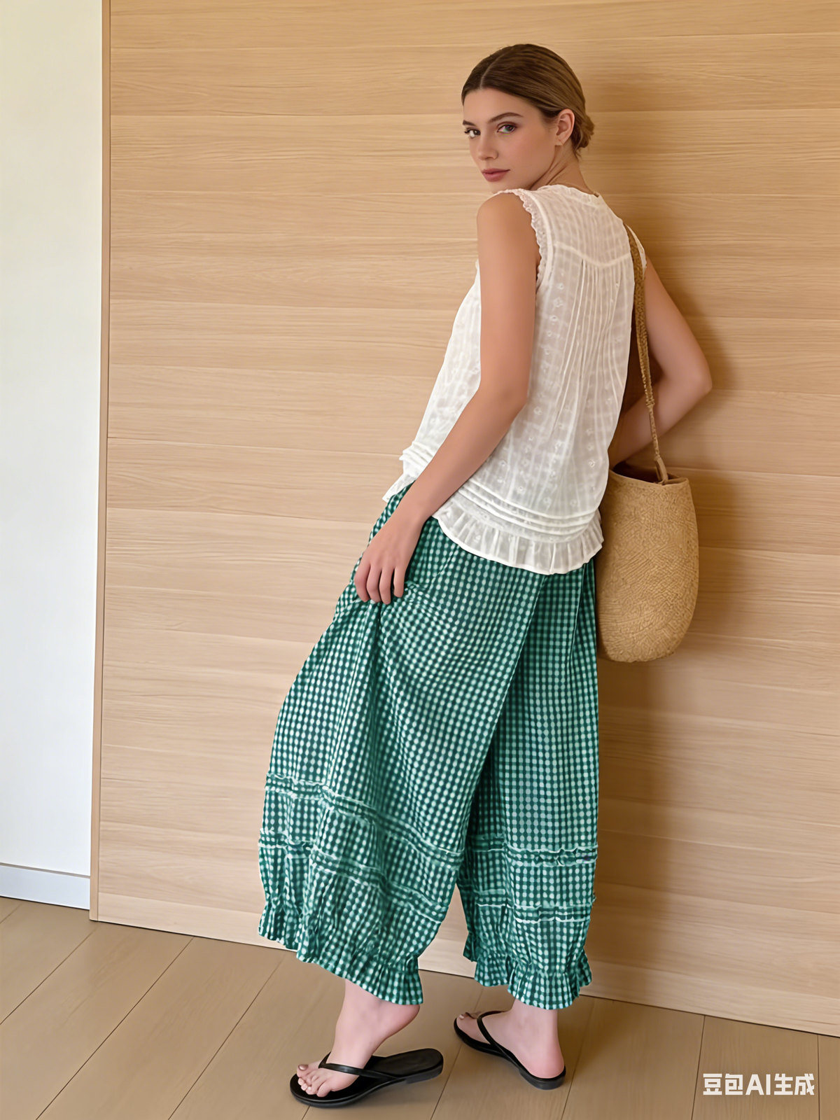 Chouyatou Women Summer Ruffle Hem Crop Cotton Linen Pants Beach Plaid Gingham Wide Leg Pants Palazzos