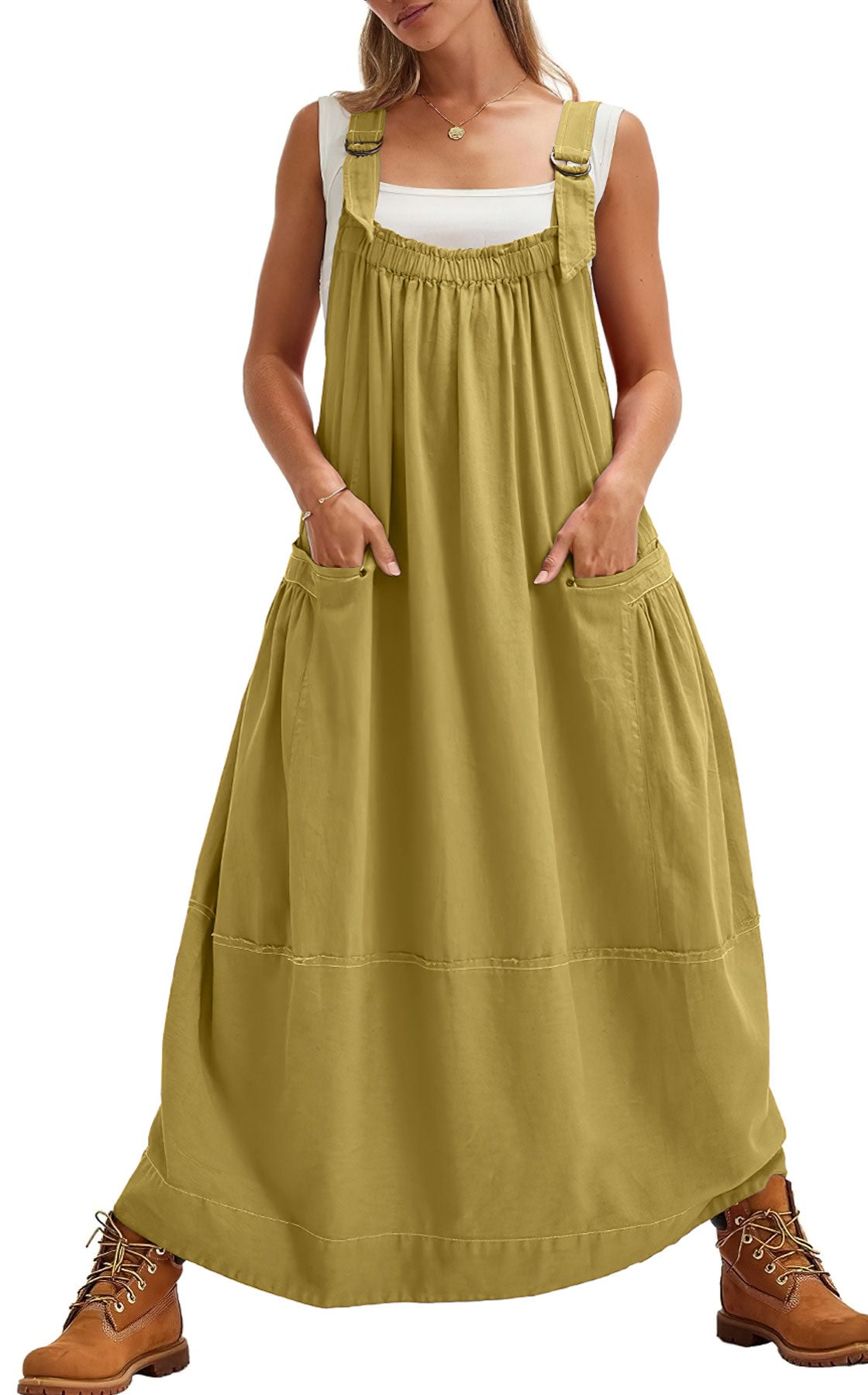 chouyatou Women's Cargo Overall Dress Sleeveless Adjustable Strap Safari Maxi Jumper Dress with Pockets
