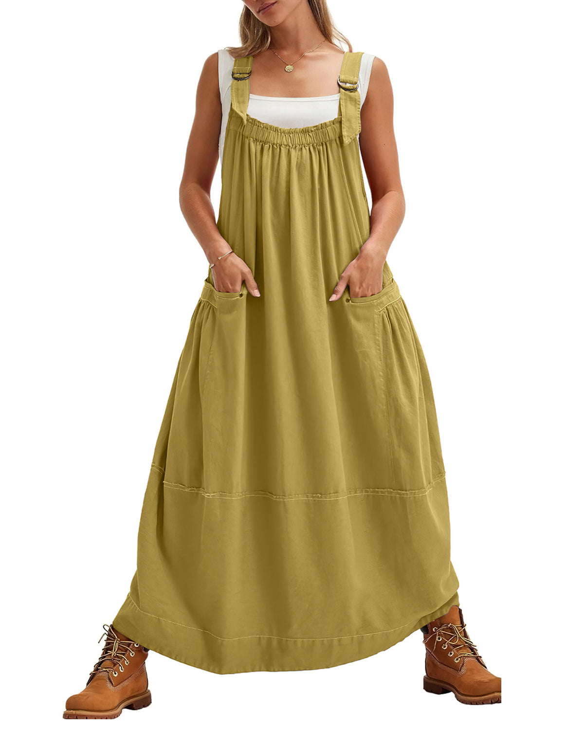 chouyatou Women's Cargo Overall Dress Sleeveless Adjustable Strap Safari Maxi Jumper Dress with Pockets