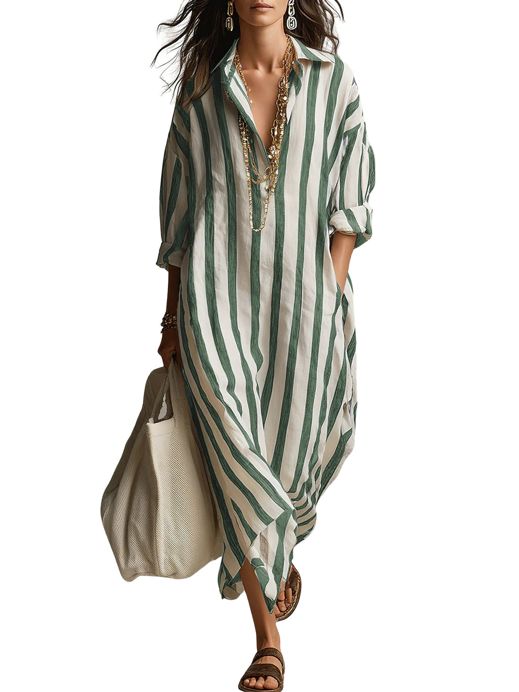 Chouyatou Womens Summer Boho Striped Cotton Dress Long Sleeve Lapel Collar Beach Shirt Dress with pockets