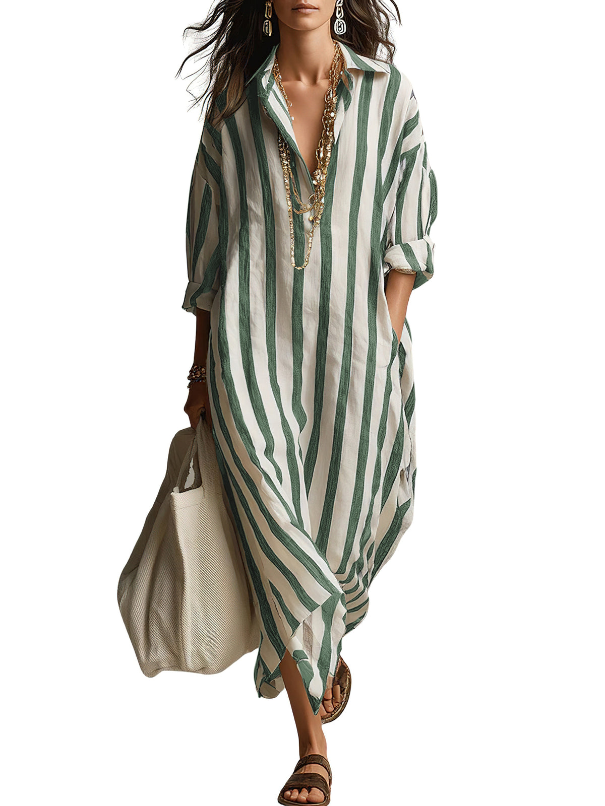Chouyatou Womens Summer Boho Striped Cotton Dress Long Sleeve Lapel Collar Beach Shirt Dress with pockets