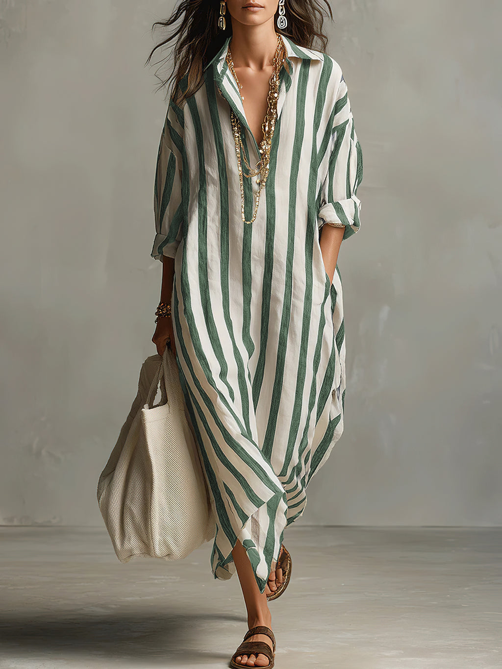 Chouyatou Womens Summer Boho Striped Cotton Dress Long Sleeve Lapel Collar Beach Shirt Dress with pockets