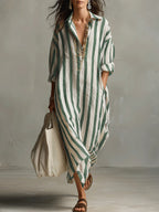 Chouyatou Womens Summer Boho Striped Cotton Dress Long Sleeve Lapel Collar Beach Shirt Dress with pockets