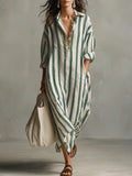 CHOUYATOU Womens Summer Boho Striped Cotton Dress Long Sleeve Lapel Collar Beach Shirt Dress with pockets