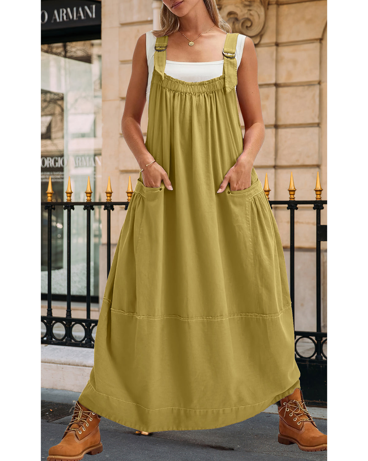 chouyatou Women's Cargo Overall Dress Sleeveless Adjustable Strap Safari Maxi Jumper Dress with Pockets