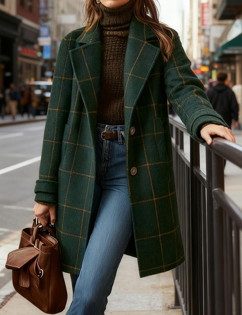 CHOUYATOU Womens Winter Notched Collar Mid Long Plaid Wool Trench Coat  Wool Peacoat,Wool Blend,Single Breasted,Overcoat,Outerwear,Winter Warm,Checkered Print,Dressy,Outfits,Lapel Collar
