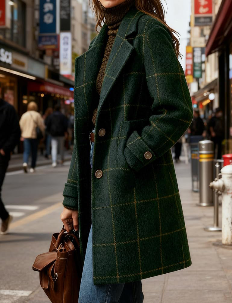 CHOUYATOU Womens Winter Notched Collar Mid Long Plaid Wool Trench Coat  Wool Peacoat,Wool Blend,Single Breasted,Overcoat,Outerwear,Winter Warm,Checkered Print,Dressy,Outfits,Lapel Collar