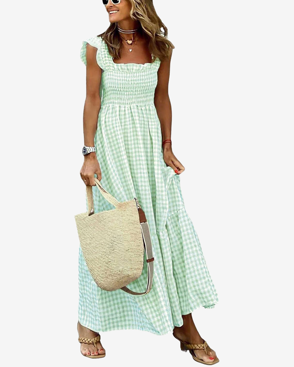 Chouyatou Women's Retro Plaid Smocked Dress Spaghetti Strap Flounce Long Dress