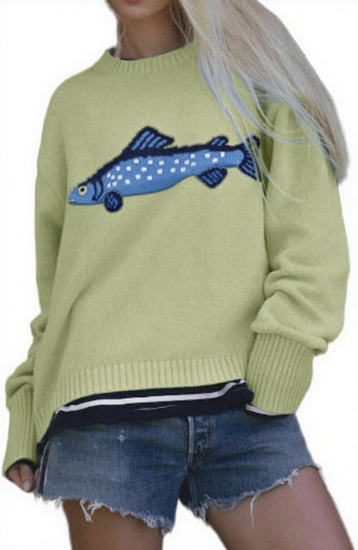 Chouyatou Women Fashion Crew Neck Rib Knit Crucian Carp Graphic Oversized Y2k Pullover Sweater Jumper