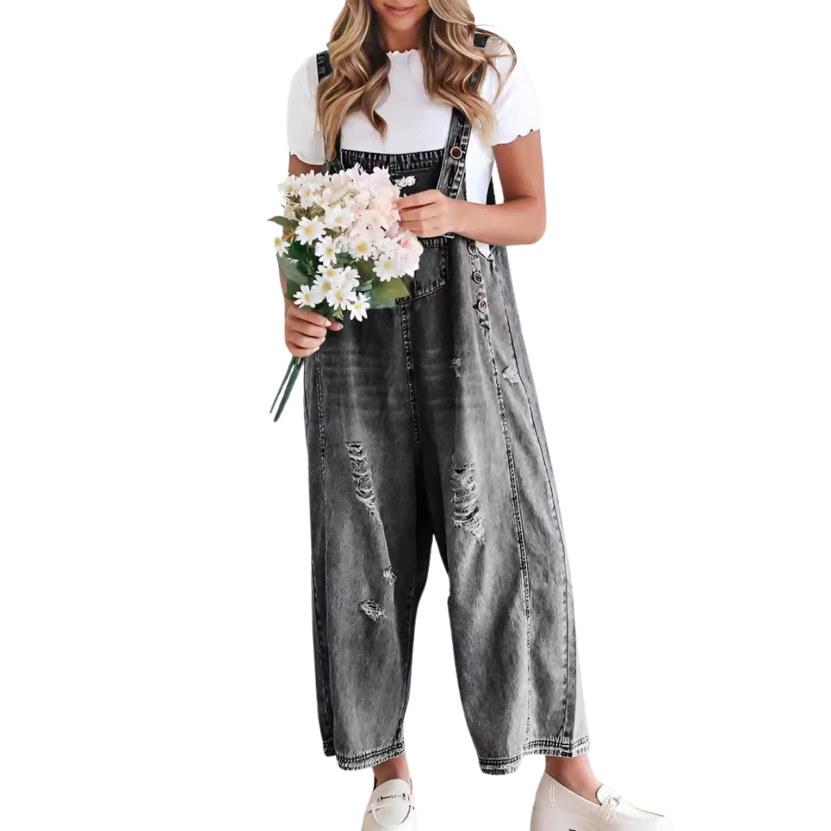 Chouyatou Women Loose Adjustable Strap Denim Bib Overall Jeans Distressed Wide Leg Baggy Overalls Jumpsuit