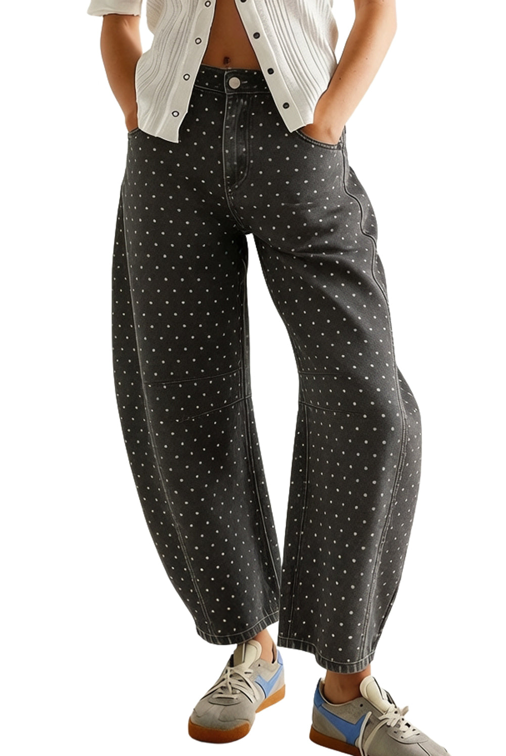 CHOUYATOU Women Baggy Polka Dot Barrel Jeans Y2K Floral Print Wide Leg Jeans Boyfriend Denim Ankle Pants