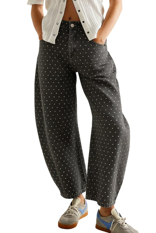 CHOUYATOU Women Baggy Polka Dot Barrel Jeans Y2K Floral Print Wide Leg Jeans Boyfriend Denim Ankle Pants