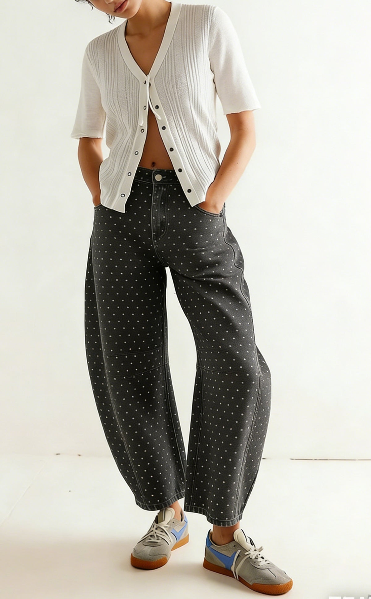 CHOUYATOU Women Baggy Polka Dot Barrel Jeans Y2K Floral Print Wide Leg Jeans Boyfriend Denim Ankle Pants